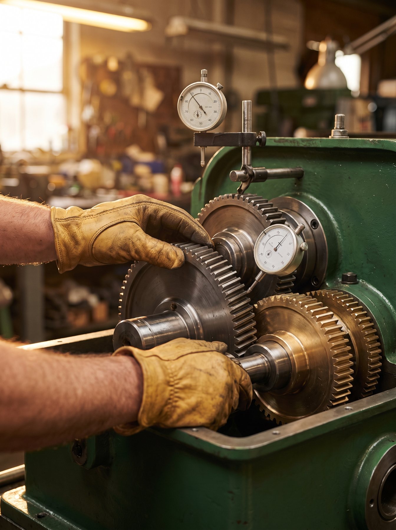 A millwright aligning a gear assembly with a dial indicator