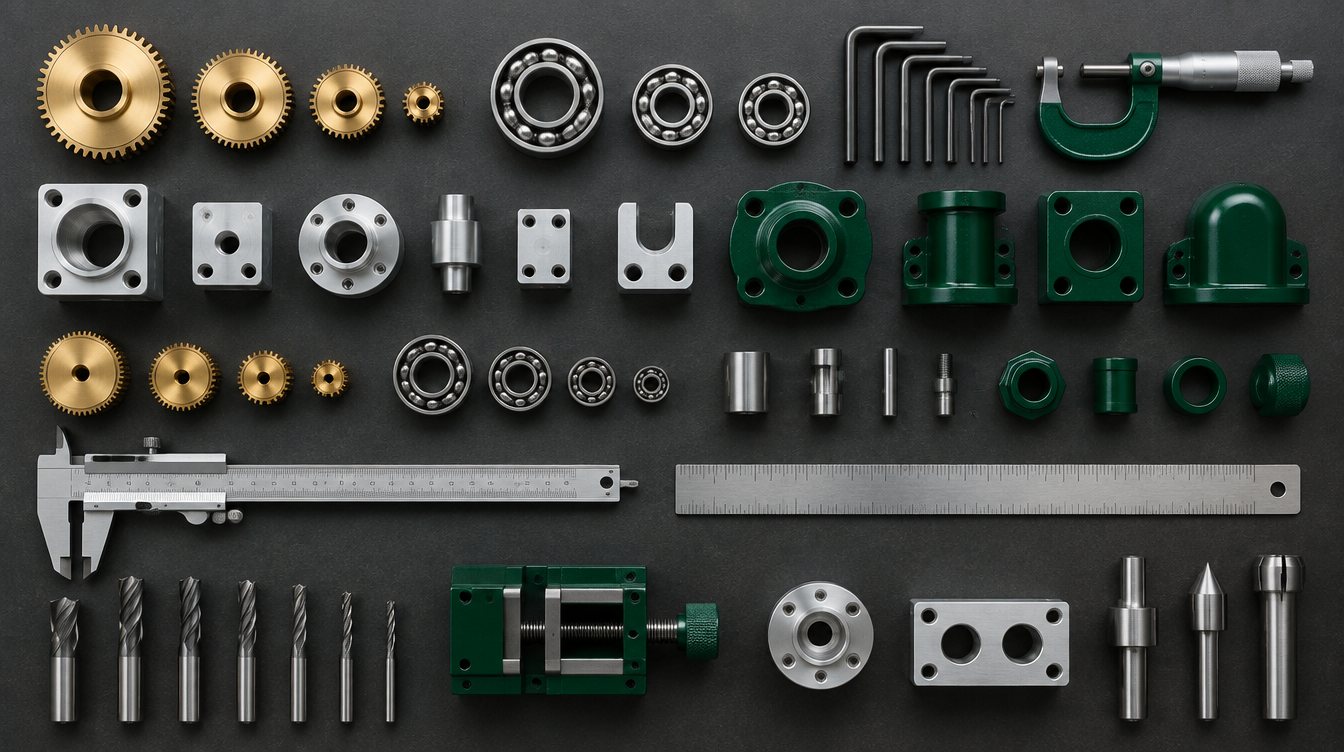 Precision tools and machined parts laid out in rows on a steel workbench