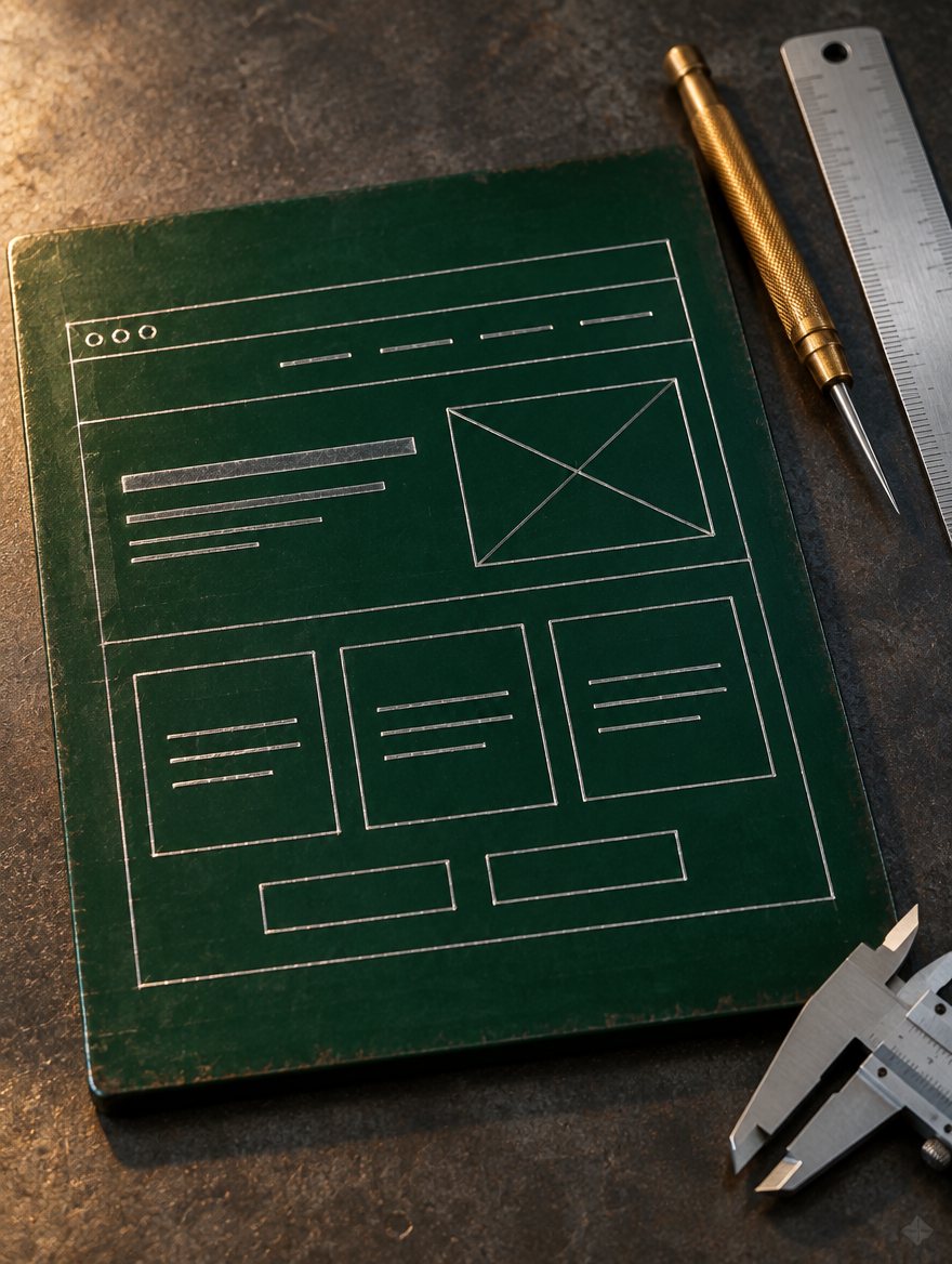 A website wireframe scribed into green layout lacquer on a steel plate, with a ruler, scriber and caliper