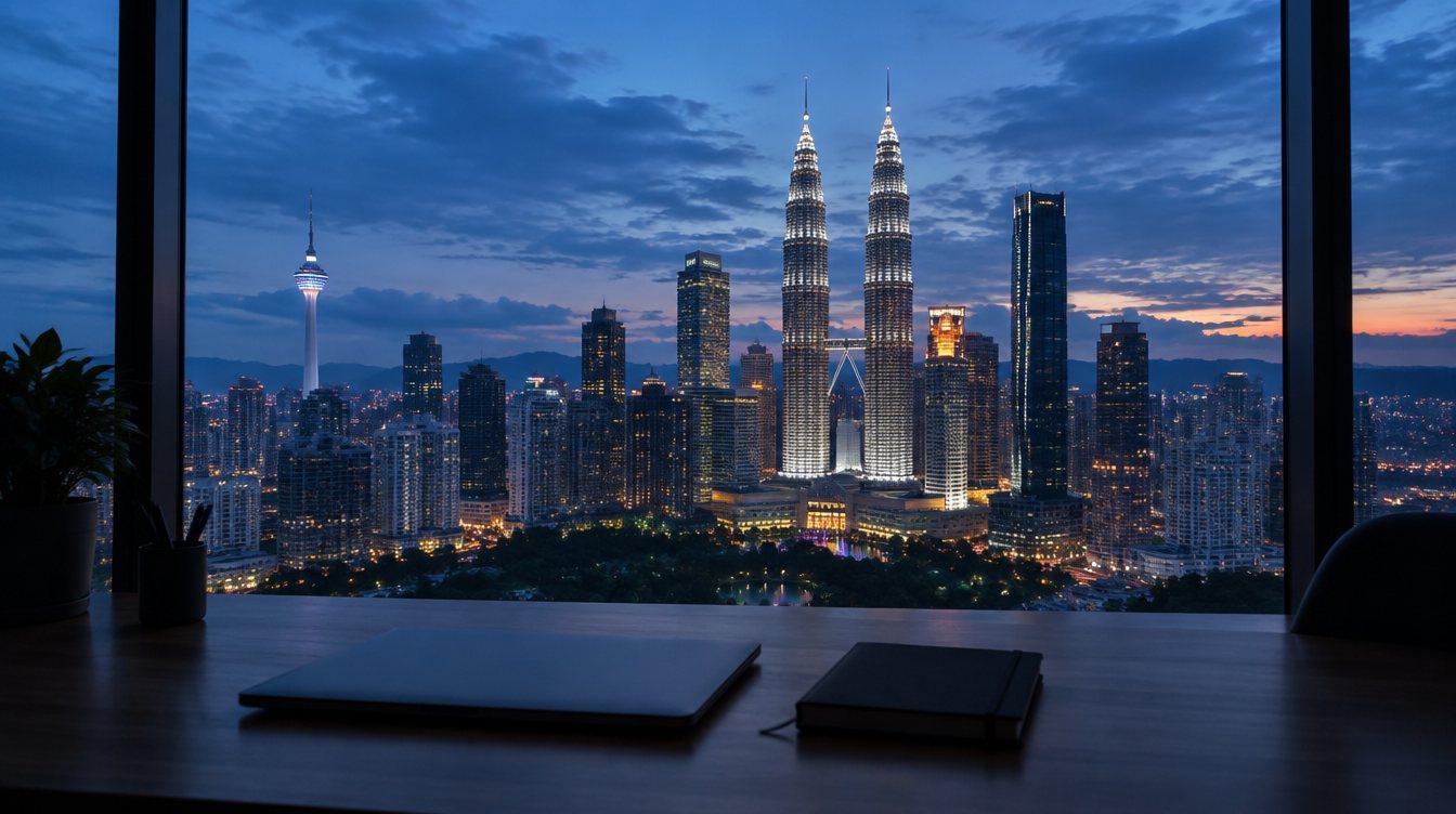 The Kuala Lumpur skyline at blue hour through a studio window