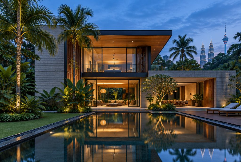 A tropical modern house at blue hour