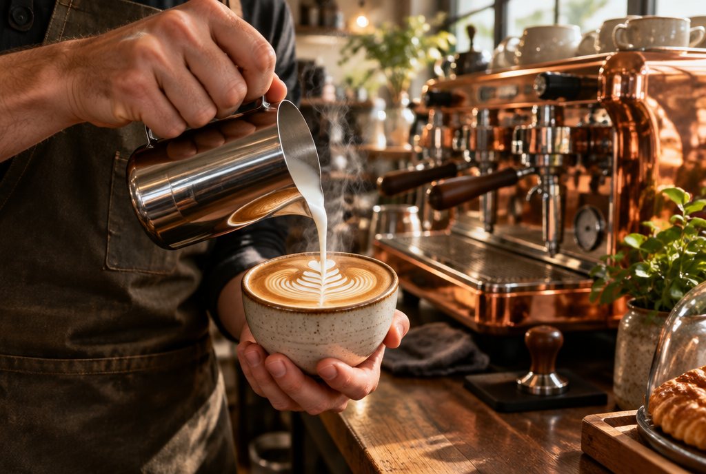 A barista pouring latte art beside a copper espresso machine
