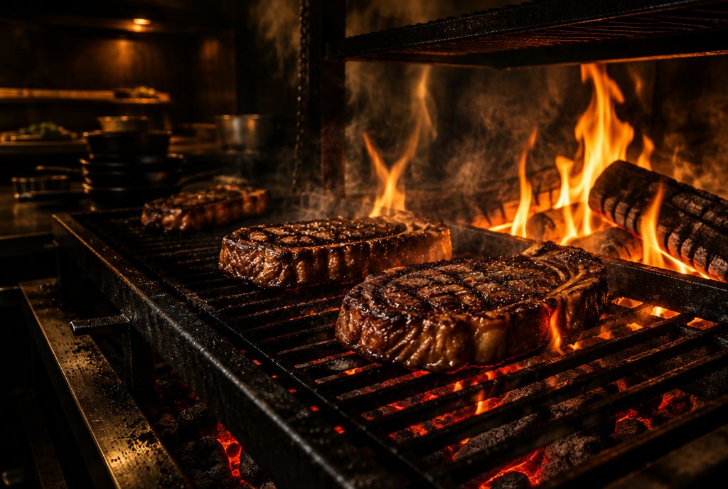 Steaks searing over an open-fire grill