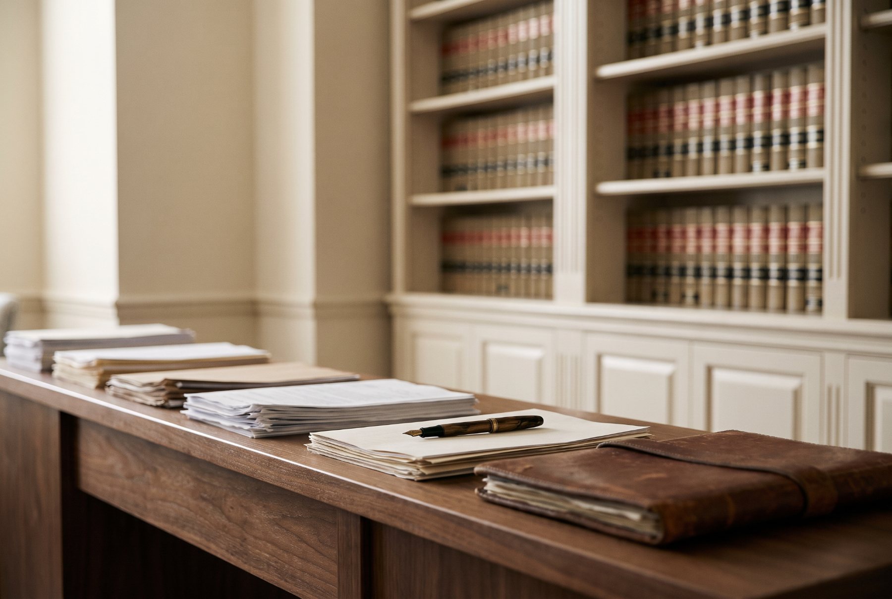 A quiet law office with a walnut desk and legal volumes