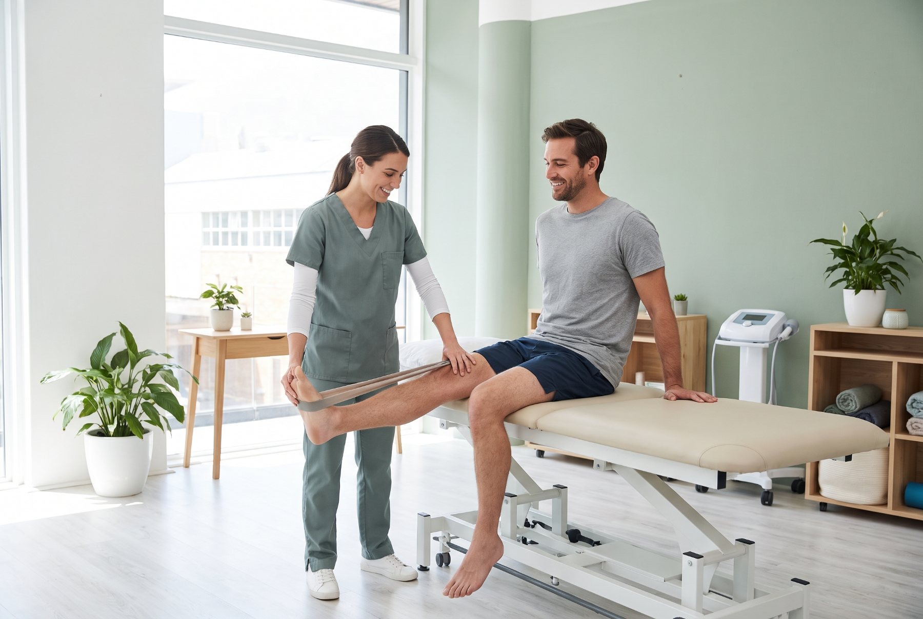 A physiotherapist guiding a patient through a knee exercise
